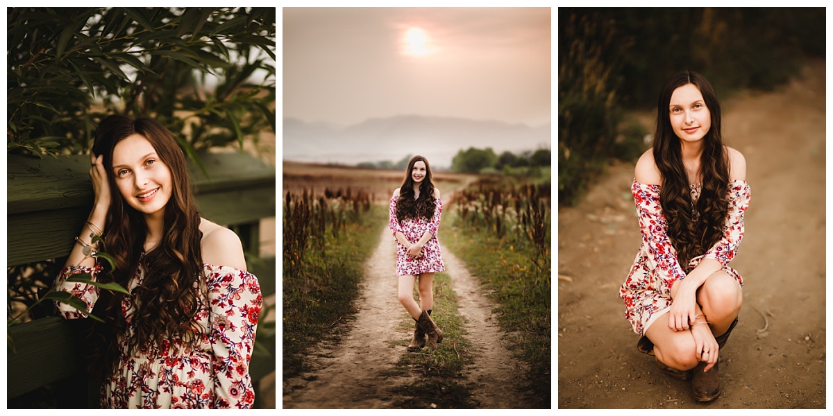 woman wearing print dress and rocking portrait session