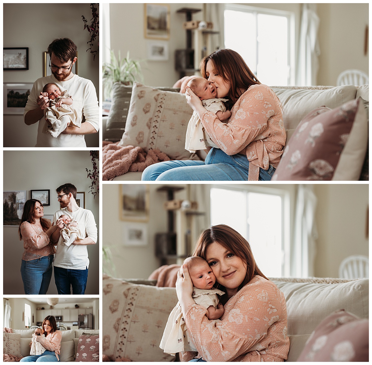 mom and dad snuggle new baby at home by Denver newborn photographer