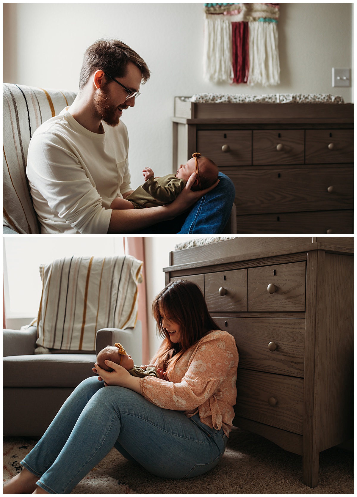 mom and dad hold daughter in her nursery by Denver newborn photographer