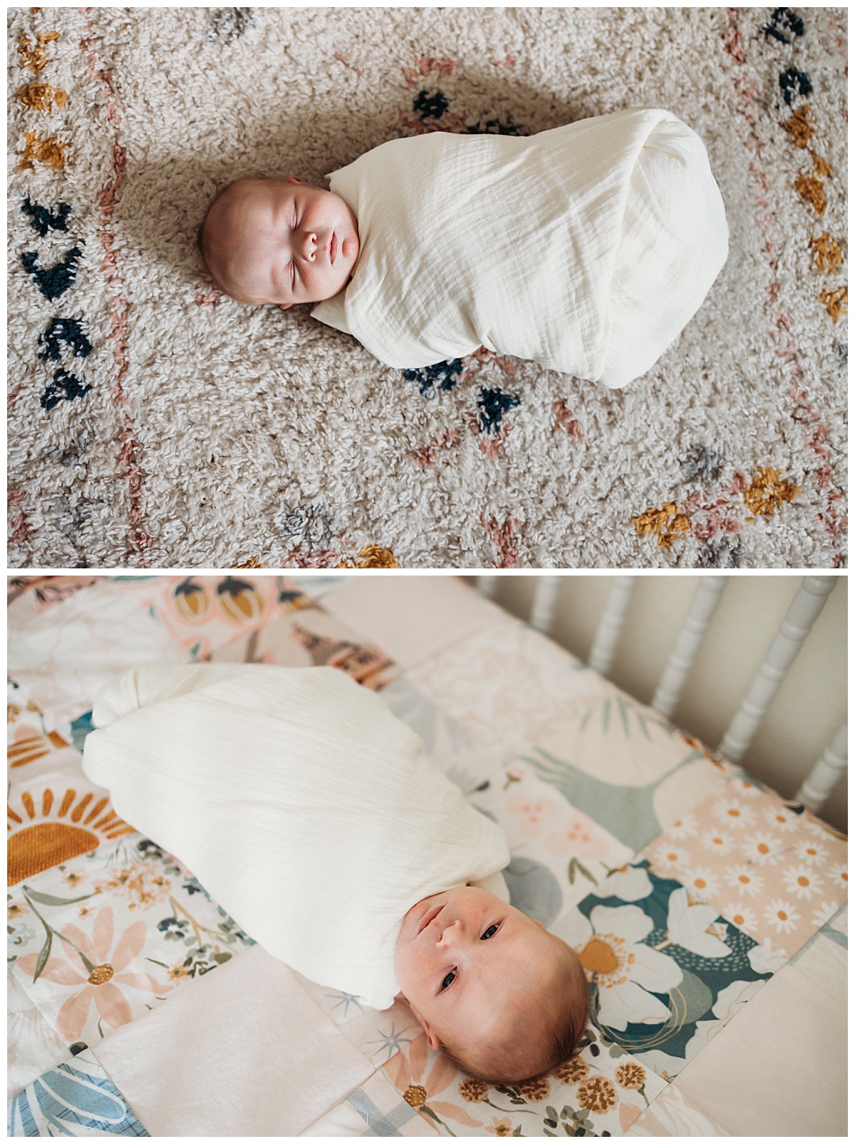 baby girl lays in crib with quilt made by mom for Denver newborn photographer