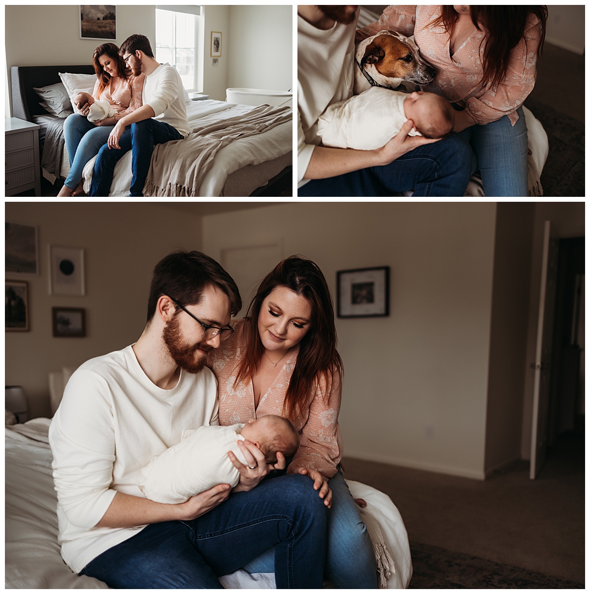 family snuggles up on bed with pup by Your Modern Story
