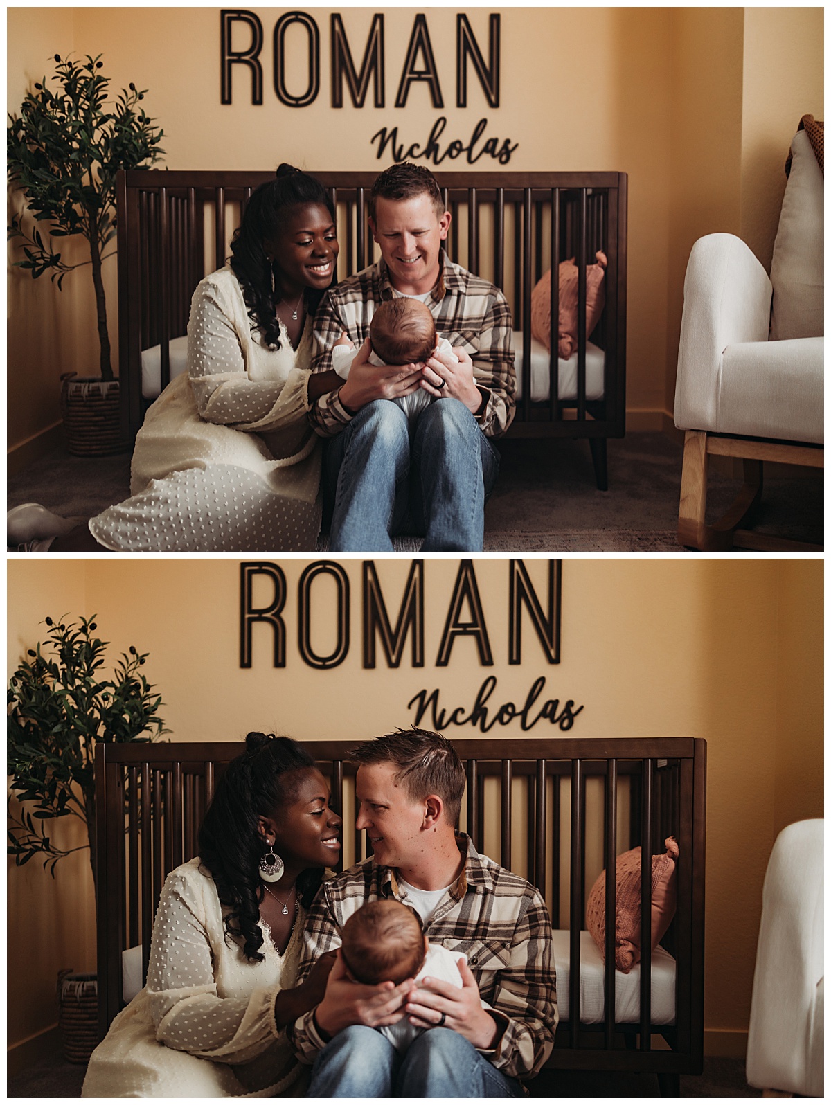Mom and dad sit on the floor with child for  Denver newborn photographer