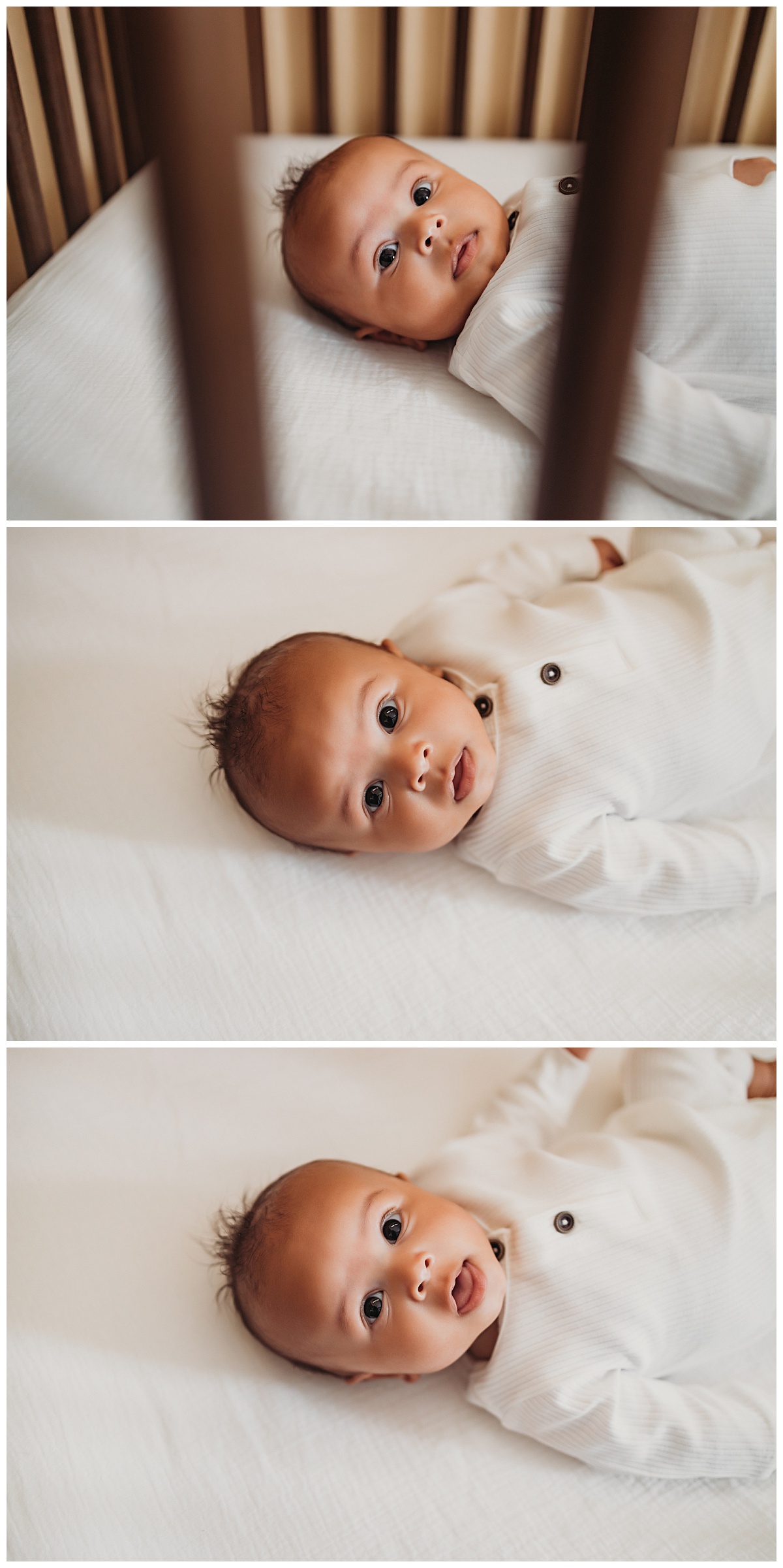 baby lays in crib with white outfit and white sheets by Your Modern Story