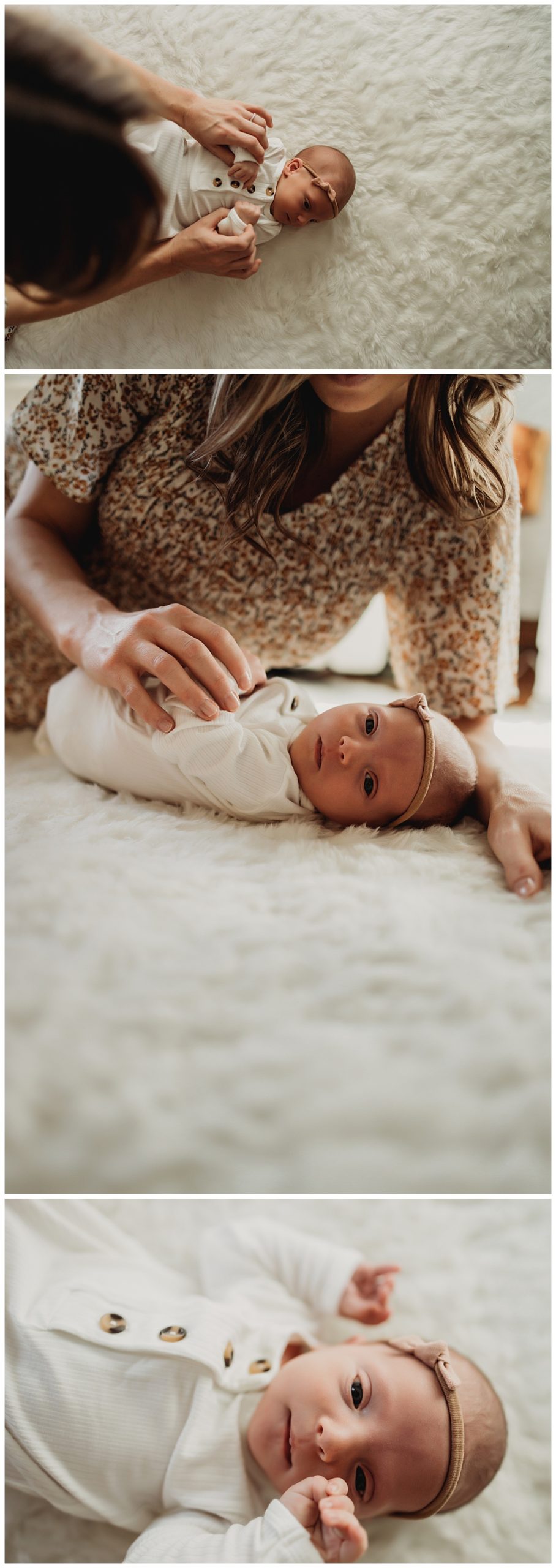 baby lays on sheepskin rug with mom by Your Modern Story