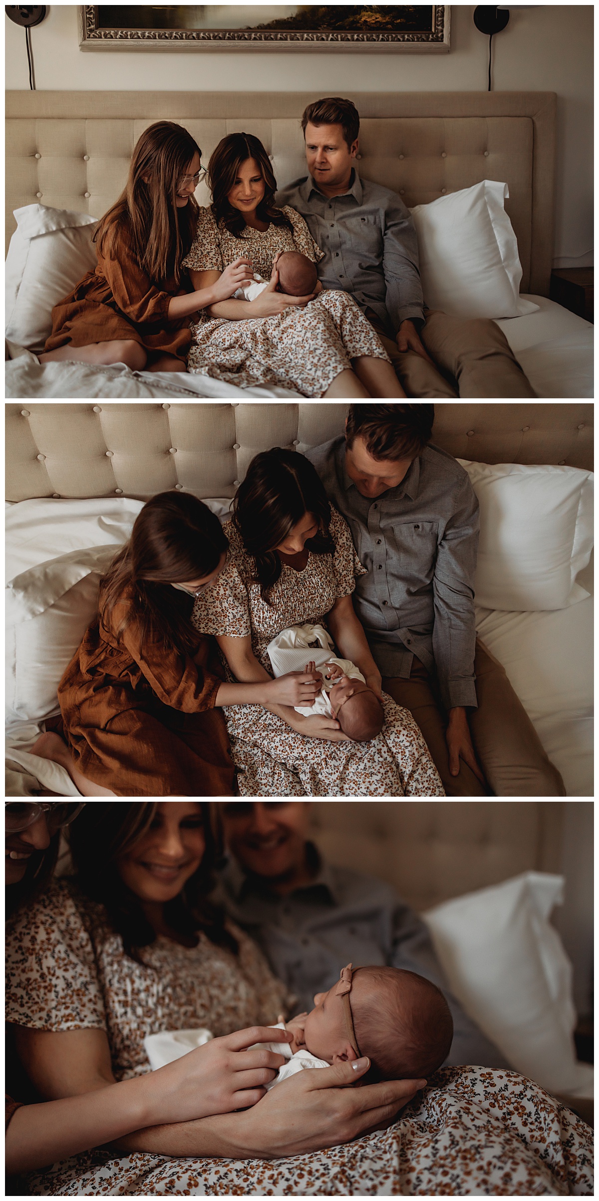 family of four snuggles infant during lifestyle session by Denver newborn photographer