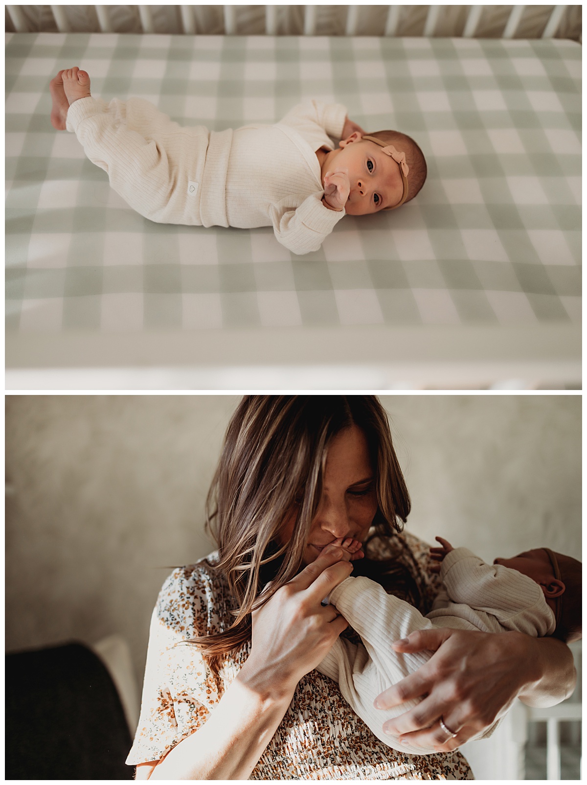 mother kisses baby's toes for Denver newborn photographer