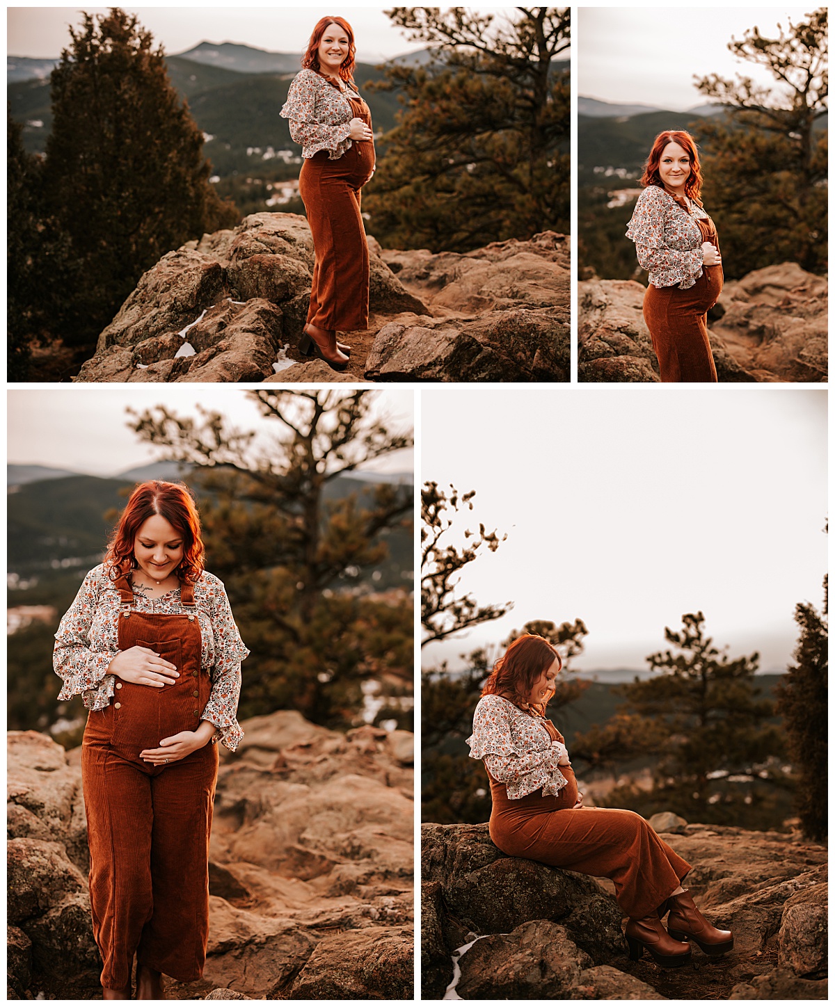 mom-to-be stands on rocks holding bump during outdoor maternity couples session