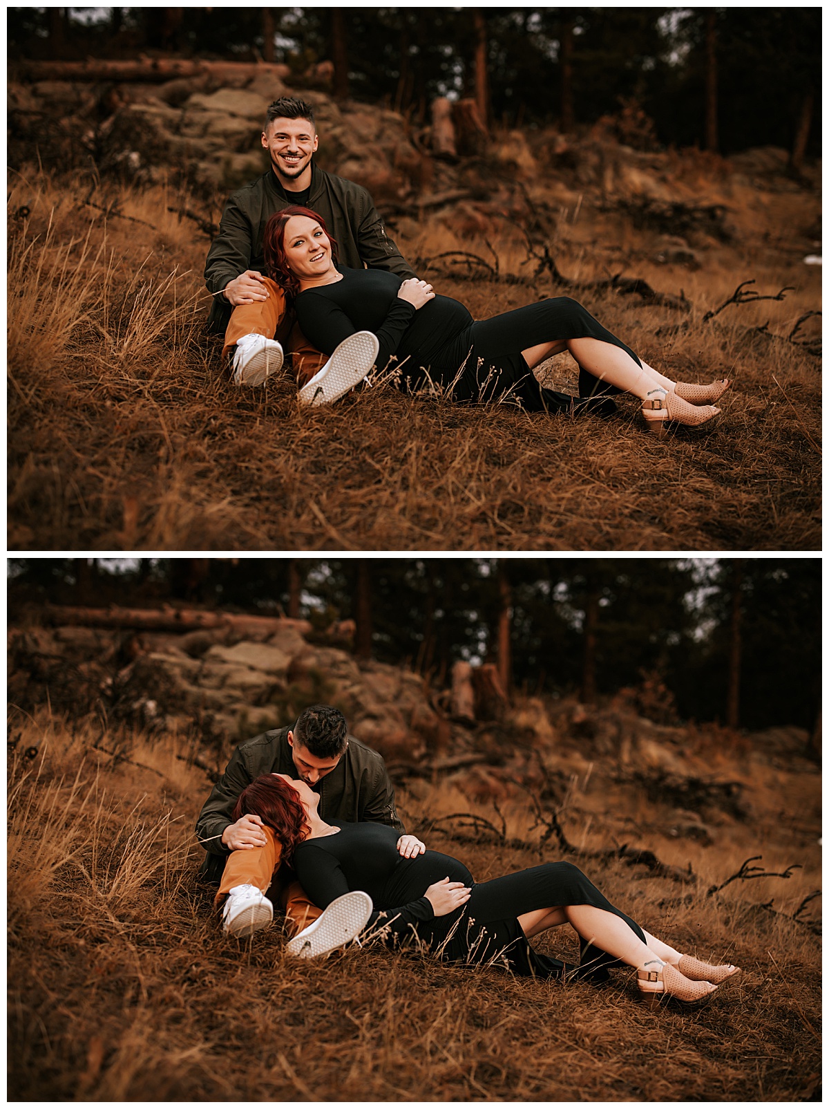 woman lays across man's lap during outdoor maternity couples session