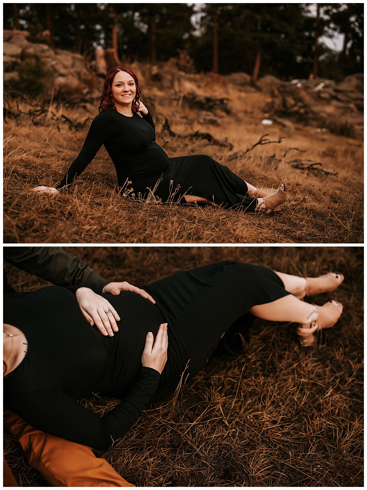 woman sits on ground in black dress for Denver lifestyle photographer