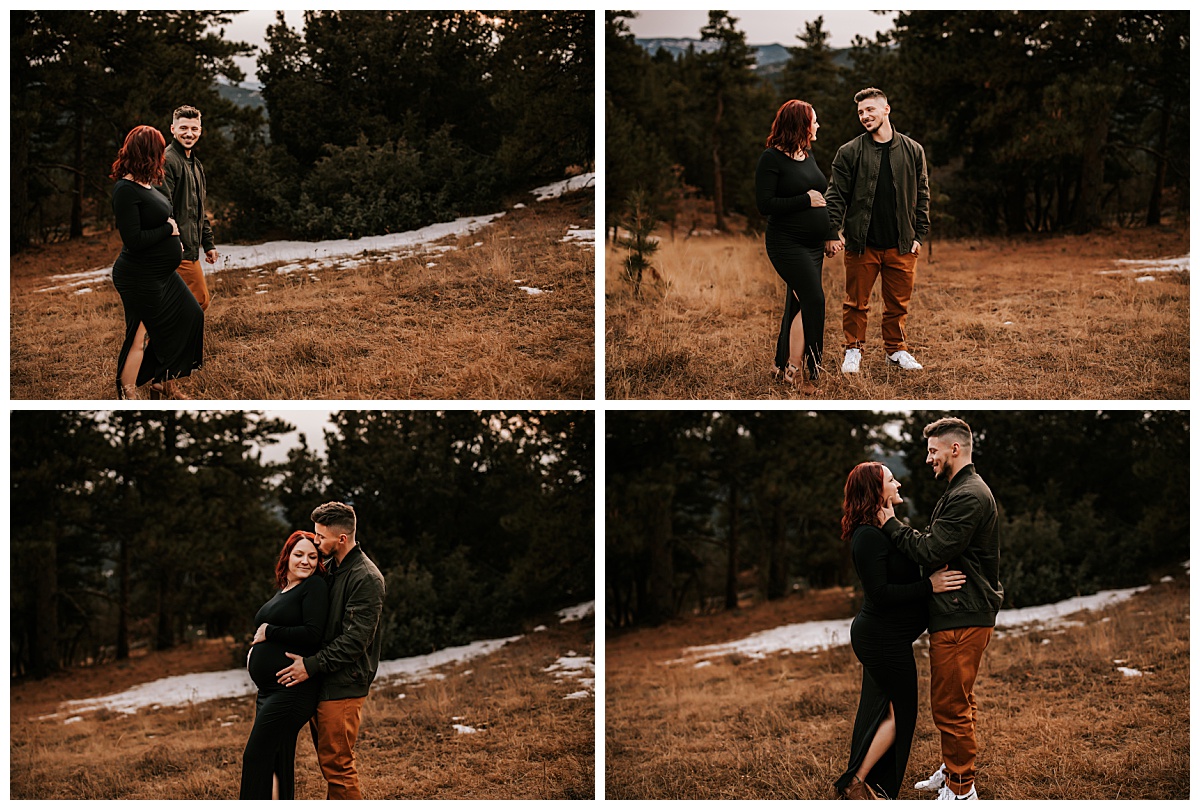couple walks together in mountains holding hands and leaning together for Your Modern Story