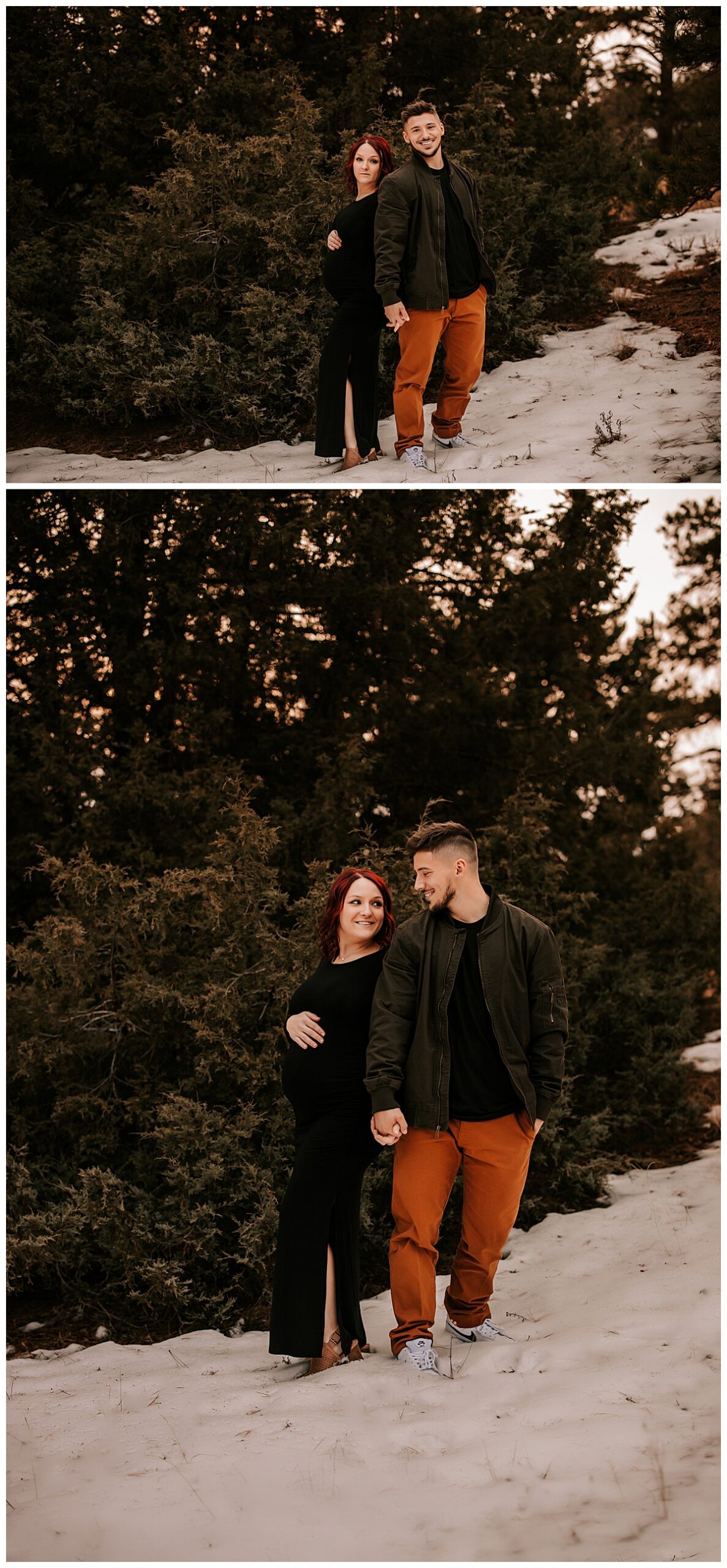 couple stands back to back in snow during outdoor maternity couples session