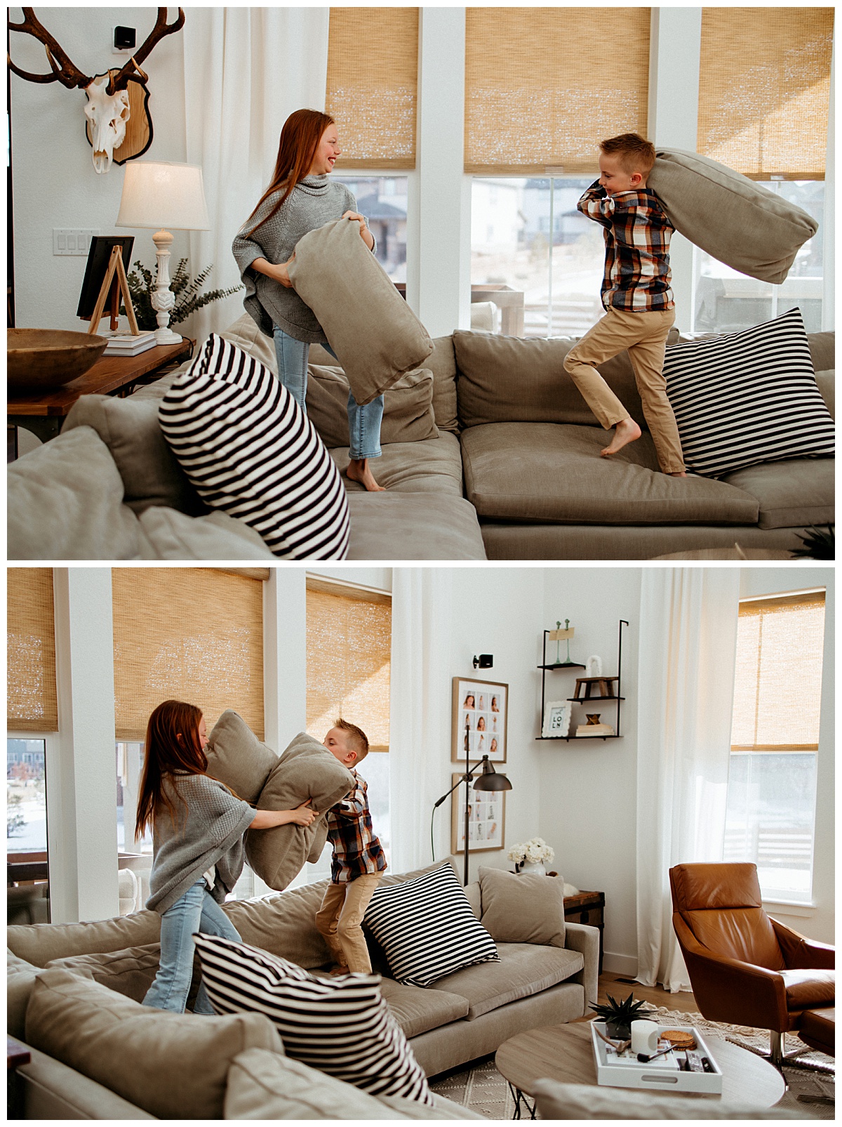 boy and girl have a pillow fight at home for Your Modern Story