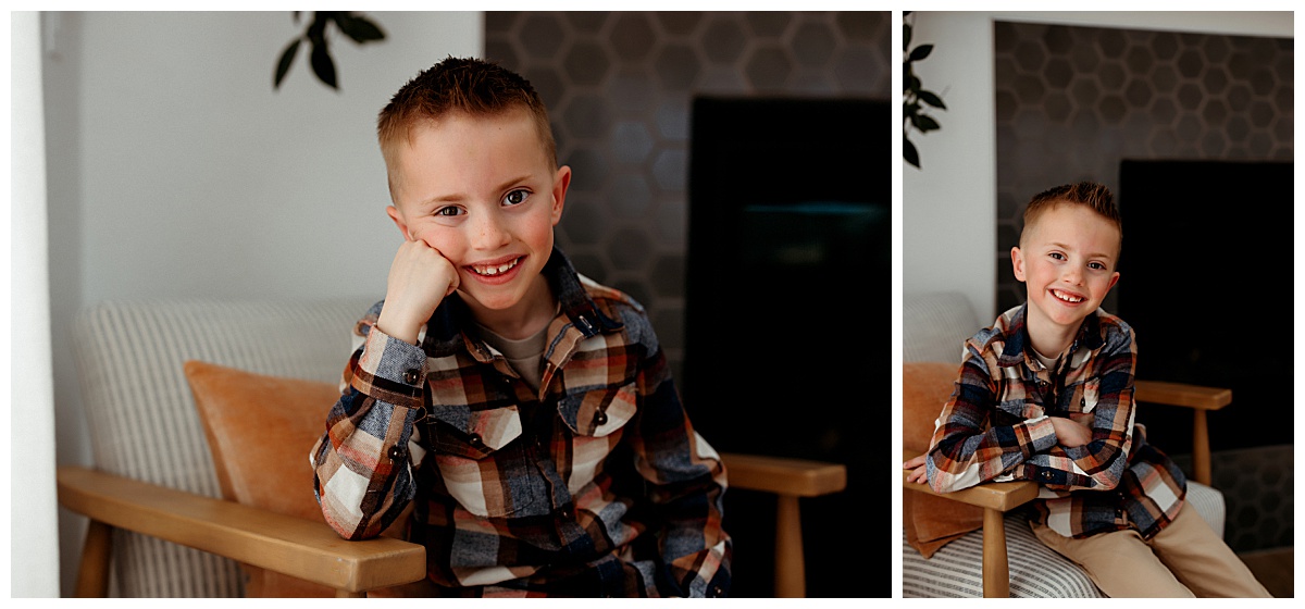 boy leans on arm of chair at styled family shoot