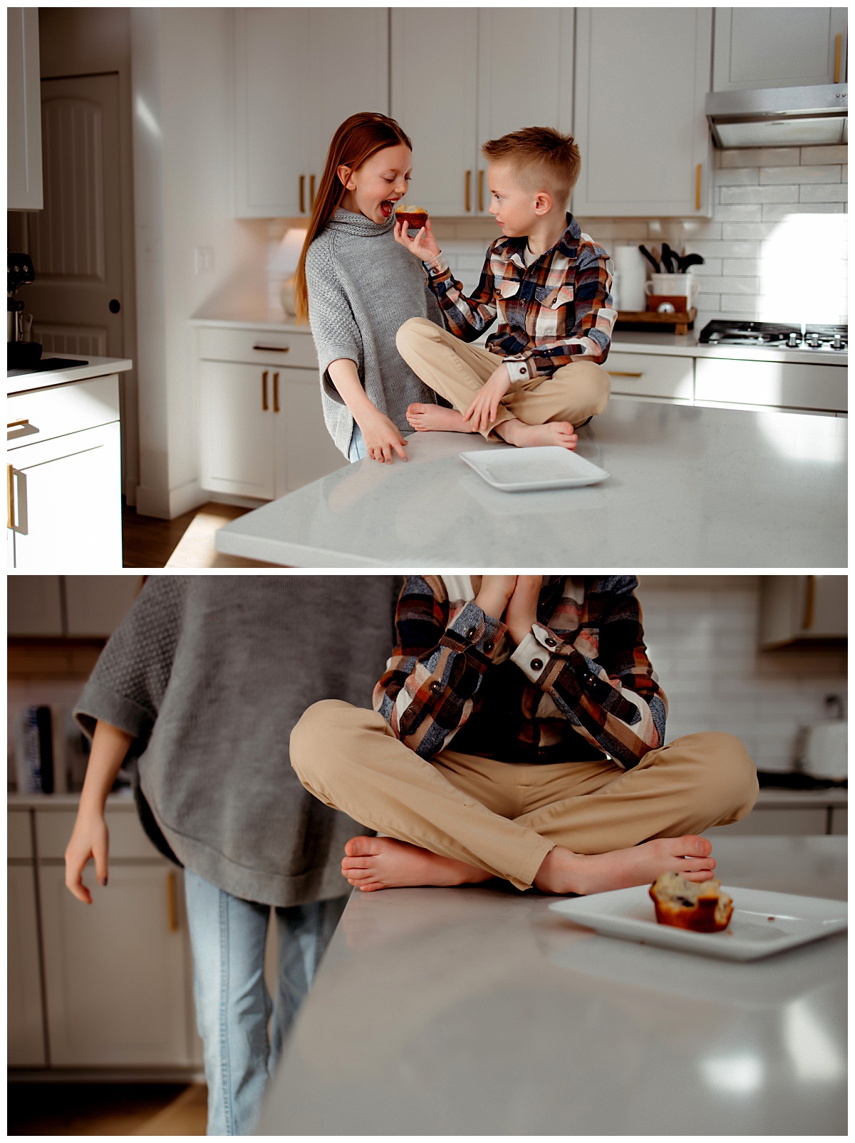 brother and sister feed each other muffins at styled family shoot