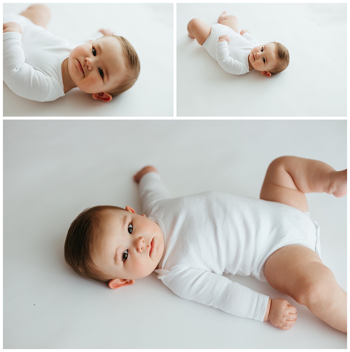 infant laying on white floor looks up at Your Modern Story