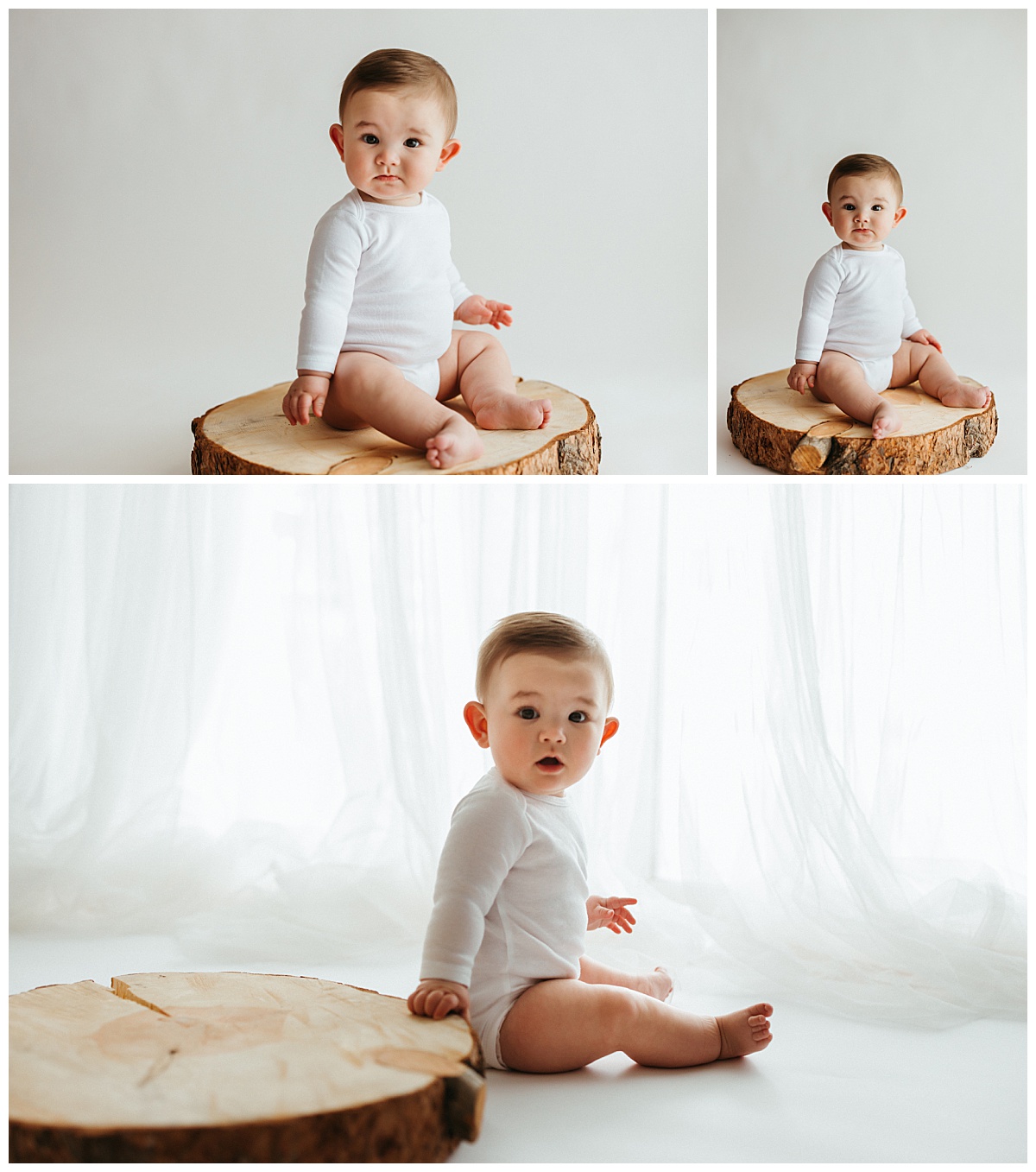 little one sits on wood piece by Denver newborn photographer
