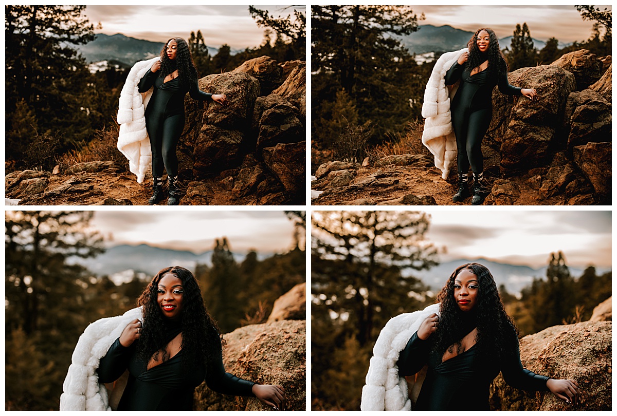 woman leans on rock with jacket over her shoulder by Denver portrait photographer