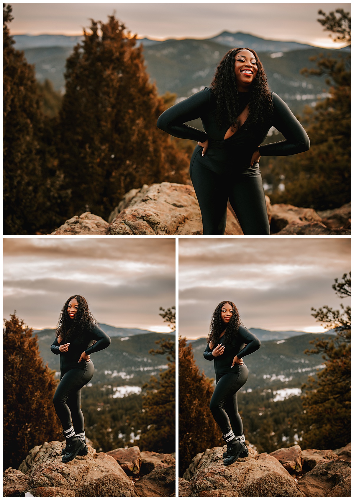 lady stands on rock in black outfit by Your Modern Story