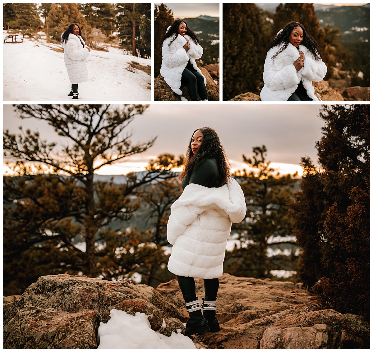 woman stays warm in white coat in snowy mountains by Denver portrait photographer