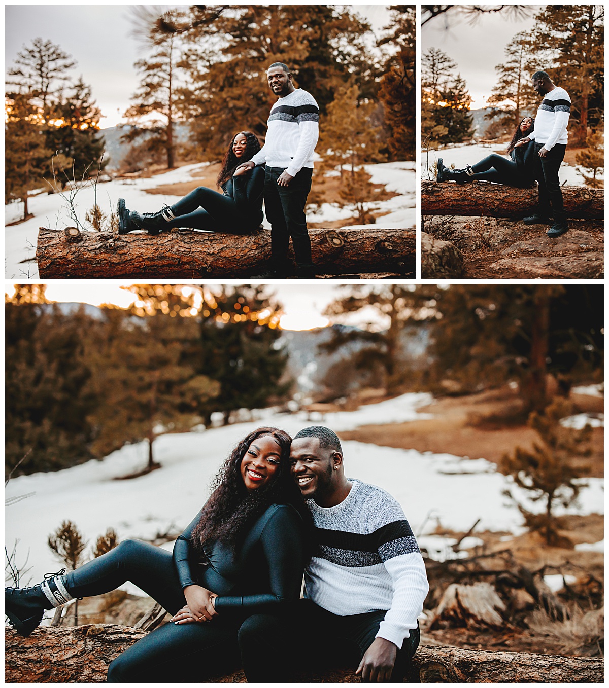 couple sits together on log by Denver portrait photographer