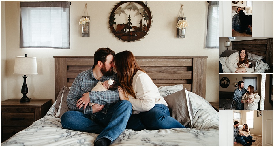 mom and dad hold and snuggle baby in bedroom