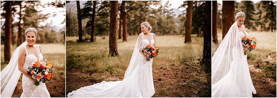 Bride in outdoor summer wedding at Della Terra in Estes Park, Colorado. 