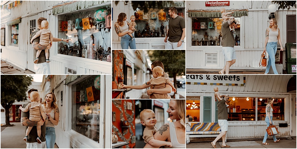 Family of three looking at shops for outdoor lifestyle session in Thornton, Colorado