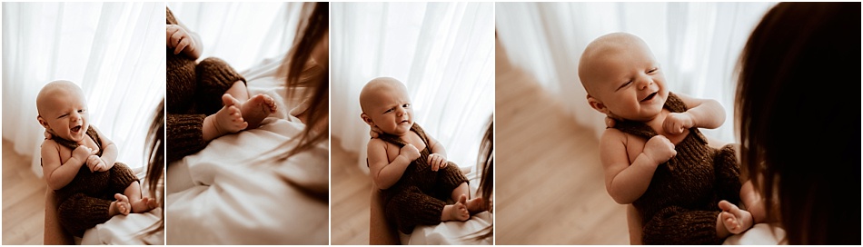 Newborn baby boy wearing knit brown overalls for newborn session in Denver