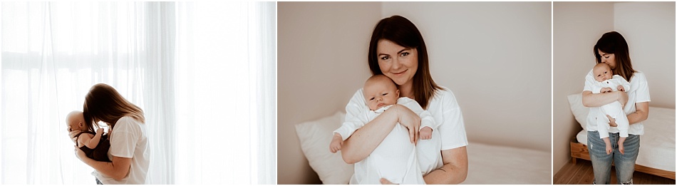 Mom and baby wearing all white for newborn session indoors in Denver