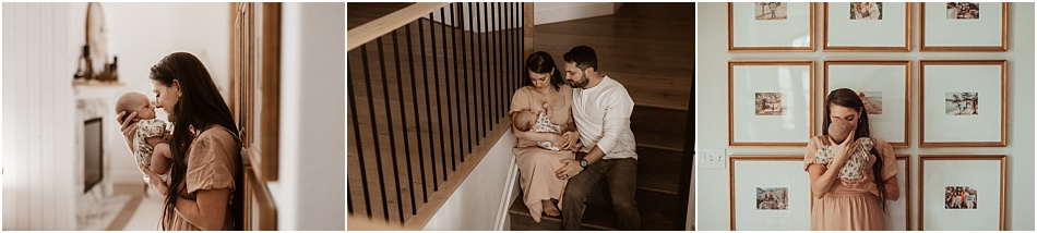 family cuddles newborn baby on stairs for indoor newborn session in Denver