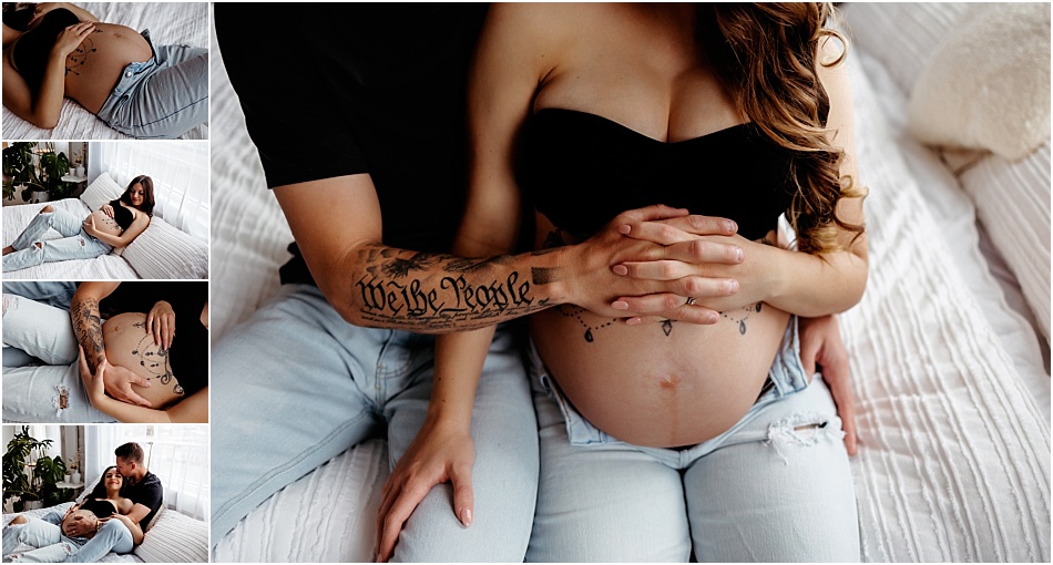 Pregnant mom wearing black bralette and jeans to show off her baby bump for a Denver maternity session